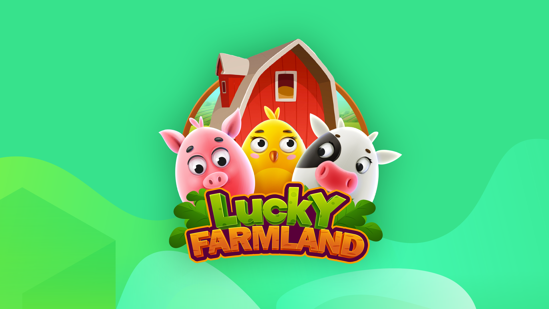 The logo for Lucky Farmland, featuring a red barn and animated farm animals, including a pig, chicken, and cow, in a charming countryside design.