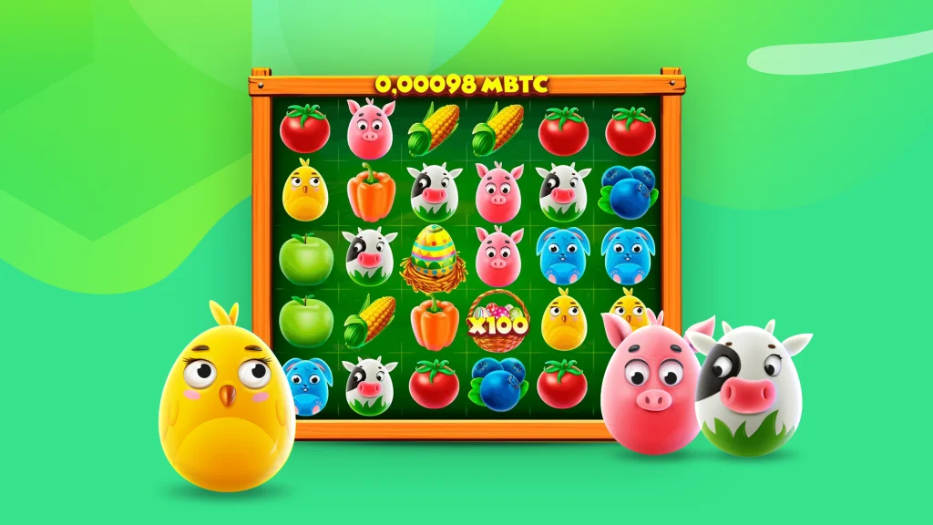 A cheerful gameplay screen for Lucky Farmland, showcasing adorable animal characters like pigs, cows, and chickens, alongside vegetables and fruits, set on a green background.