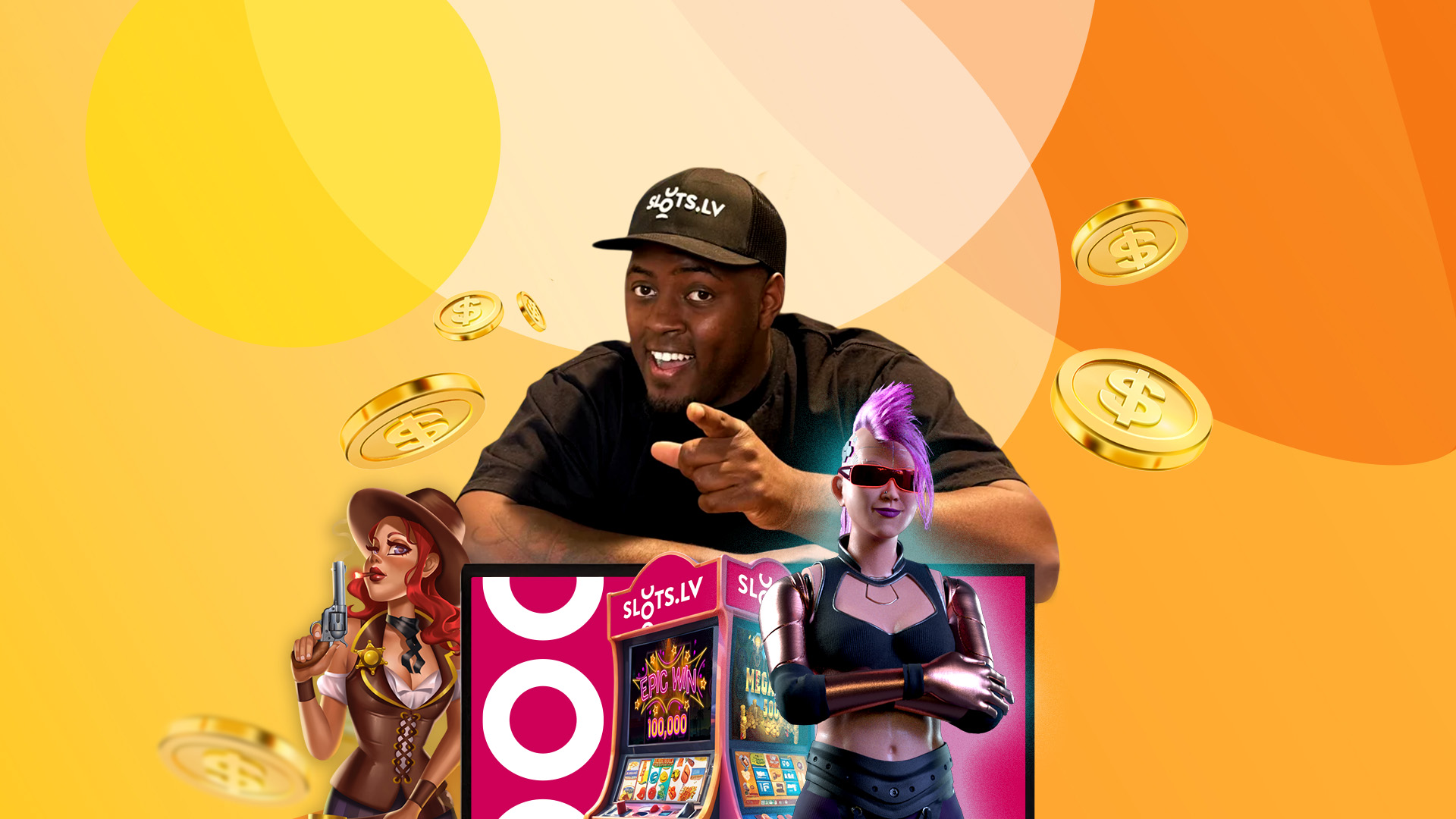 Influencer Jackpot Jay Vegas in the center, with characters from the Lawless Ladies and Cyberpunk games next to him.