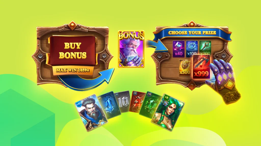 An engaging gameplay screen for Prosperity & Magic, showcasing an animated wizard, glowing bonus icons, and a vibrant reward system, set against a mystical green background.