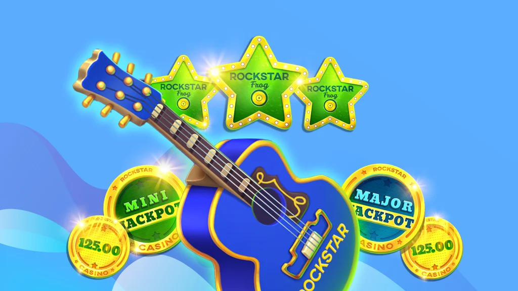 A lively gameplay screen of Rockstar Frog, featuring a blue guitar, golden jackpot coins, and green star icons with a rock-and-roll theme.