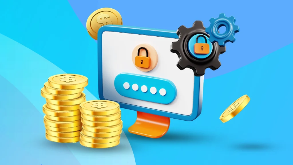 Illustration of gold coins, computer screen, padlocks and coded password.