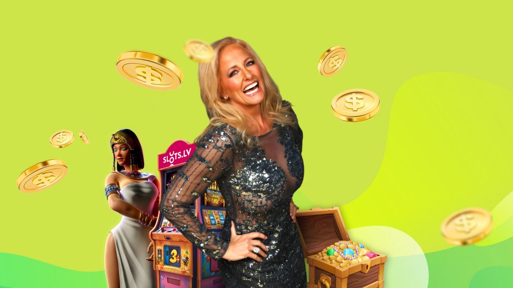 Influencer Goddess of Slots in the center, with slots characters and elements on the background.