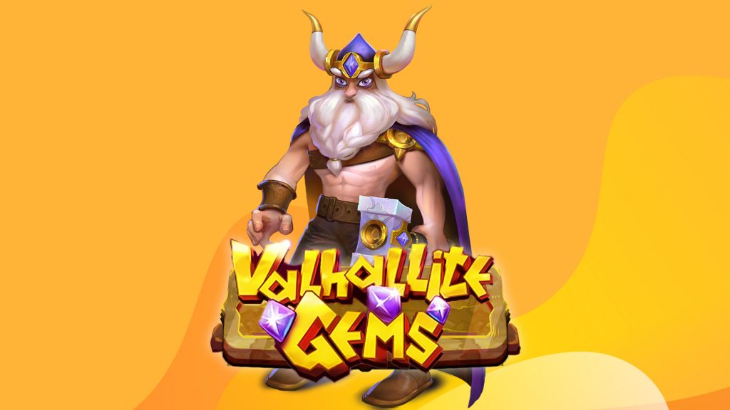 A buff, Thor-like Viking with a long grey beard and massive hammer dominates the screen on a golden background behind text that says ‘Valhallite Gems.’, in reference to the SlotsLV game.