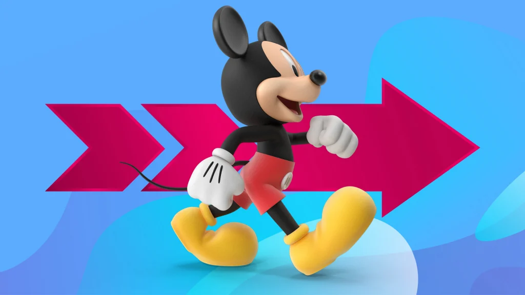 Mickey Mouse strolls toward the right of a blue image with a dark pink arrow pointing to the right. 