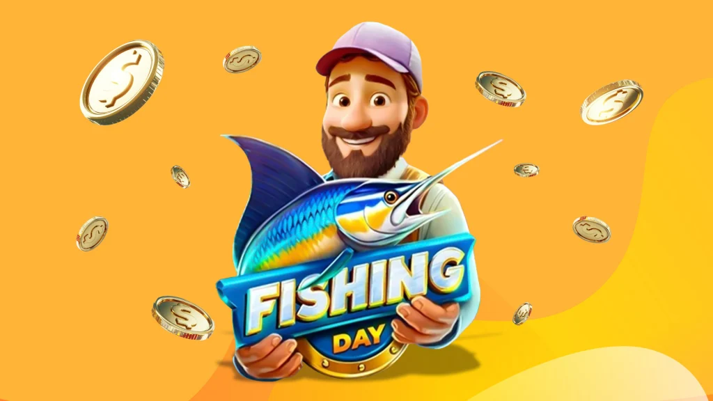 A man with a beard happily holds up a blue marlin in front of a gold background with gold coins floating around him. 