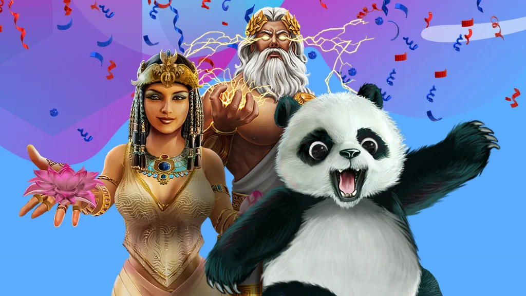 Cleo, a panda, and Zeus are in the center of the screen with confetti behind them and a purple and blue background. 