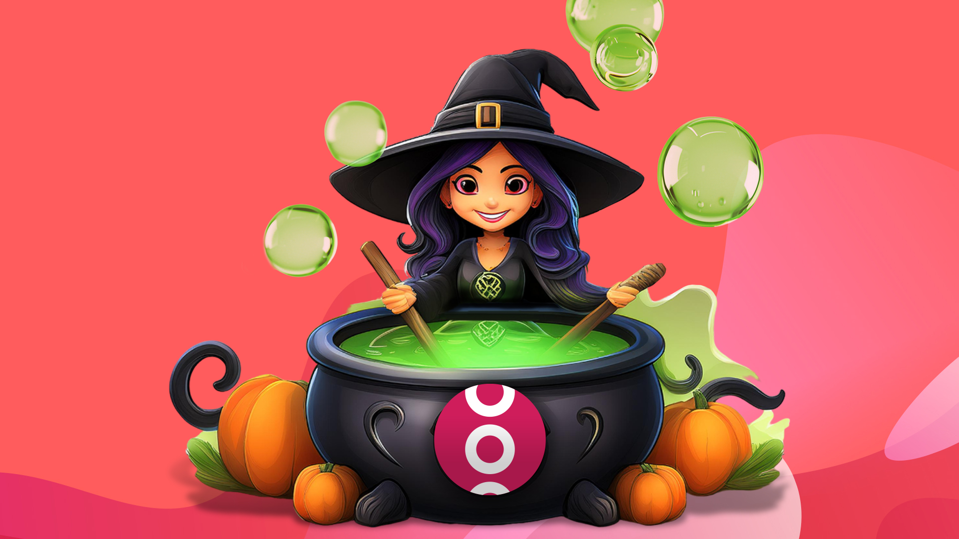 A smiling witch uses two rods to stir within a cauldron boiling with lime green goo. Pumpkins are at the bottom, and it’s all on a pink background.