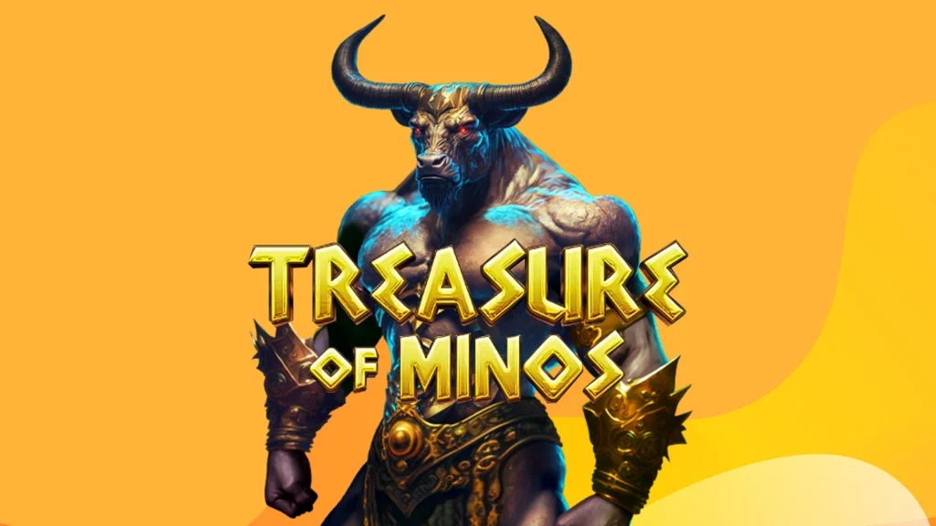 A looming, beastly minotaur stands behind text that says “Treasure of Minos,” and both are on a gold background. 