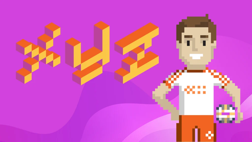 Pixelated graphics of the letters “XYZ” are displayed on the left, and a guy holding a soccer ball is on the right. Both are displayed on a light purple background.