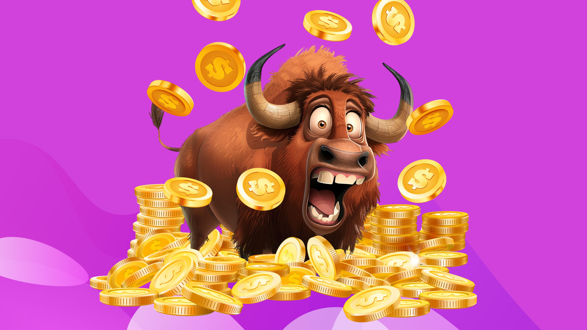 A big brown buffalo charges through a pile of gold coins on a light purple background.