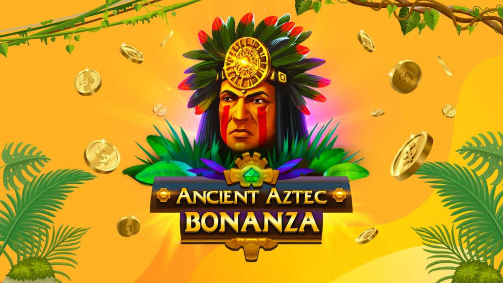 In the center of a gold image with foliage on the sides is an Aztec man with a feathered headdress. Just below him is the name of a game, ‘Aztec Magic Bonanza.’