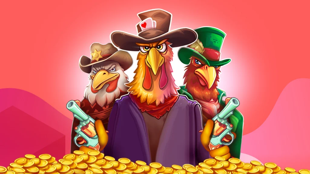 Three chickens in Wild West clothes stand behind a heaping pile of gold coins on a pink background. The chicken in the center holds up two pistols.