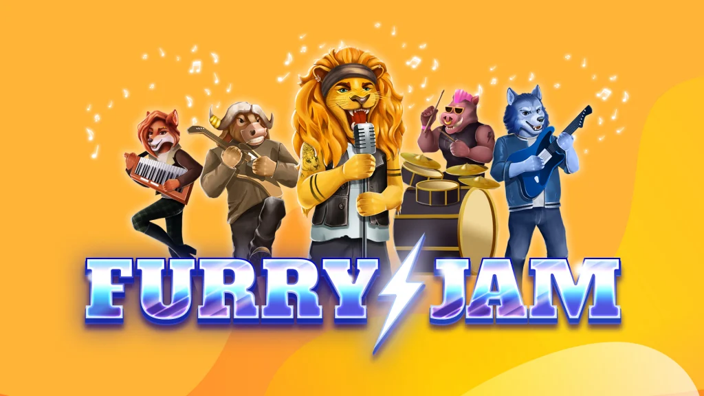 On a gold image, we see a fox, ram, lion, pig, and wolf dressed as rock stars and playing musical instruments. Below them is text that says “Furry Jam” with a lightning bolt between the words.