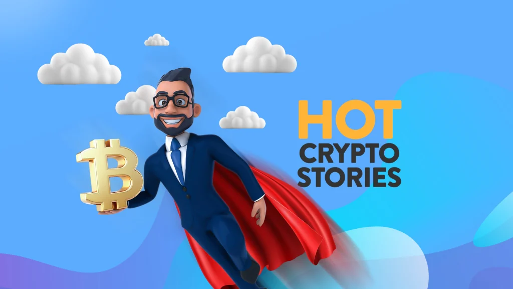 A man with black hair, glasses, and a red cape flies through a blue sky with white clouds. In his right hand is a gold “Bitcoin” symbol. To his right, it says “Hot Crypto Stories.”