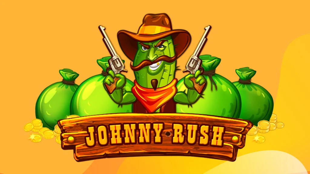 On a gold background, a cactus dressed as a cowboy holds up two pistols. Behind him are four green backs of cash. In front of him is an old wooden sign that says “Johnyy Rush.”