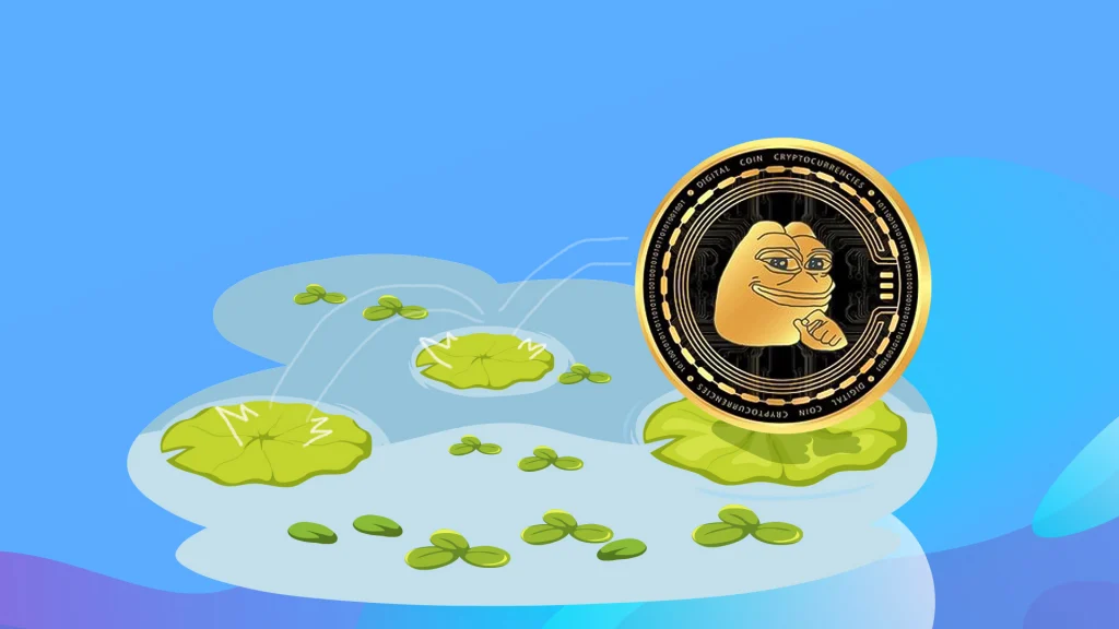 : On a blue background, a PEPE meme coin hops over green lilypads floating in a pond.