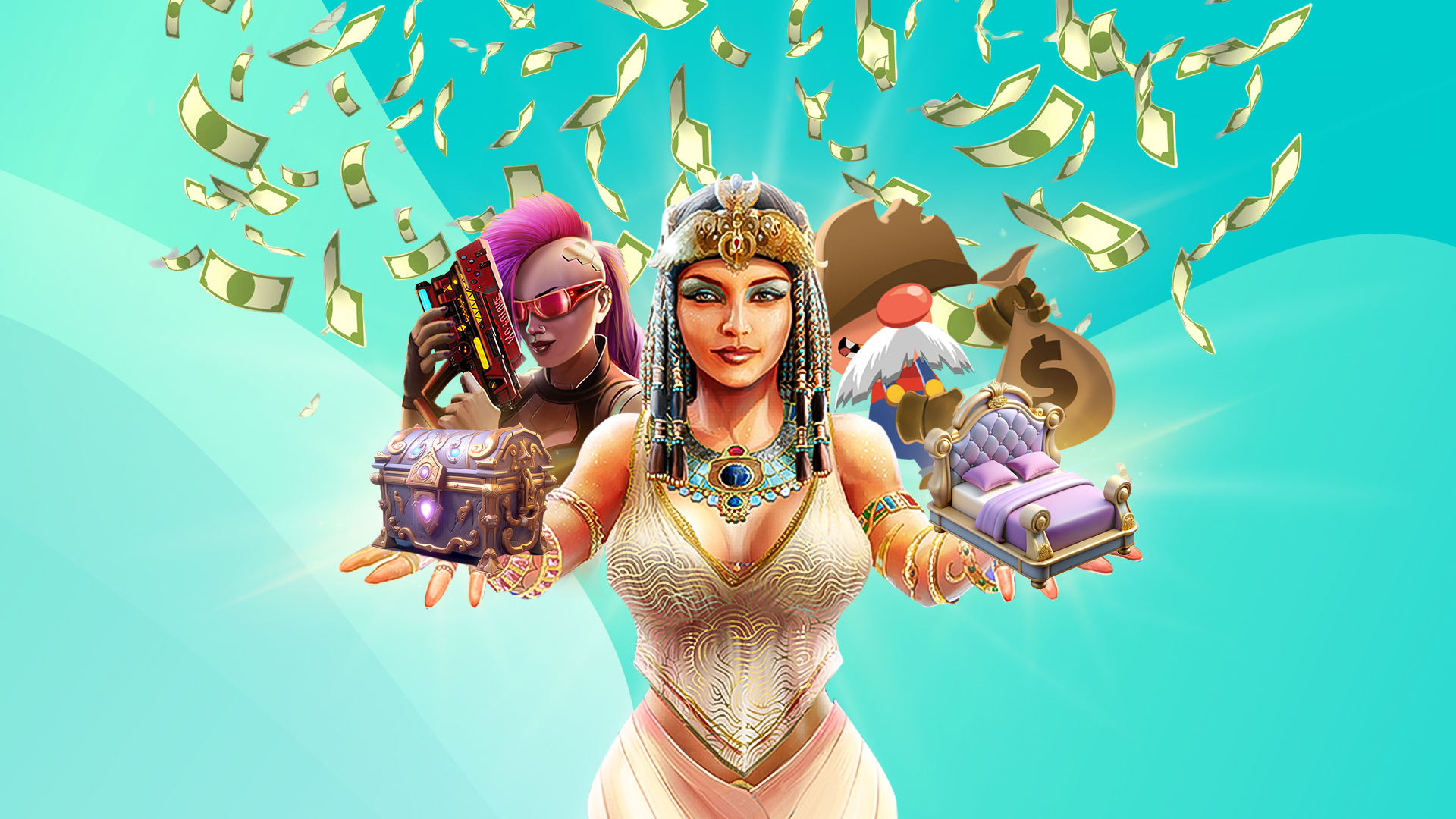 There’s a teal background with Cleo in the center holding a bed and a treasure chest in her hands. On either side behind her is a cyberpunk woman with pink hair and a prospector named Gus. Cash is exploding behind them.