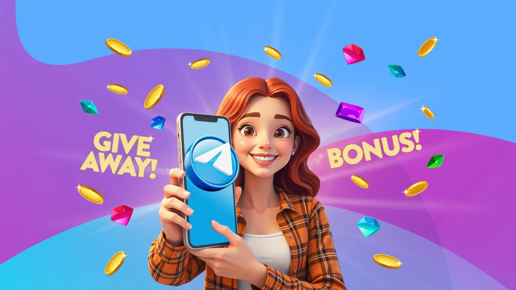 There’s a purple and blue image with a red-haired woman holding up a phone with the Telegram logo in the center. Text says ‘Give Away!” and “Bonus!” on the left and right.