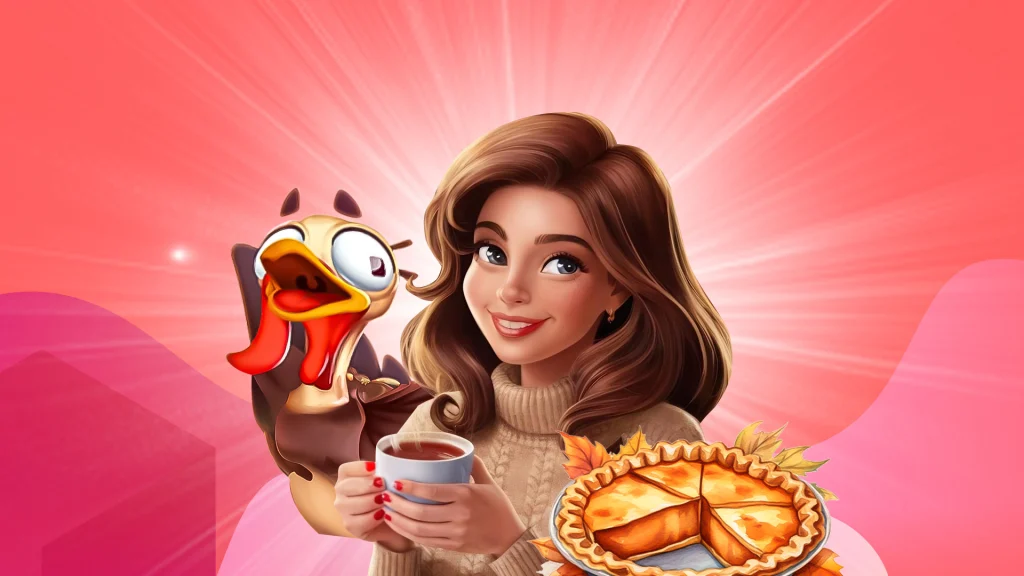 A pink image shows a turkey to the left of a woman holding a cup of coffee and a pie on her right.