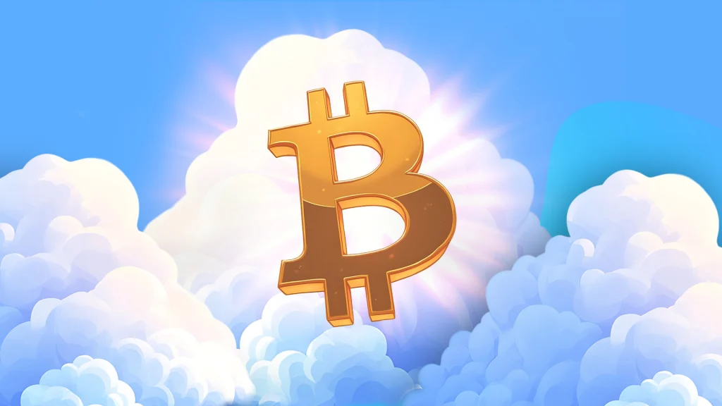 A gold Bitcoin symbol is floating amidst puffy clouds, emitting a heavenly light on a light blue sky.