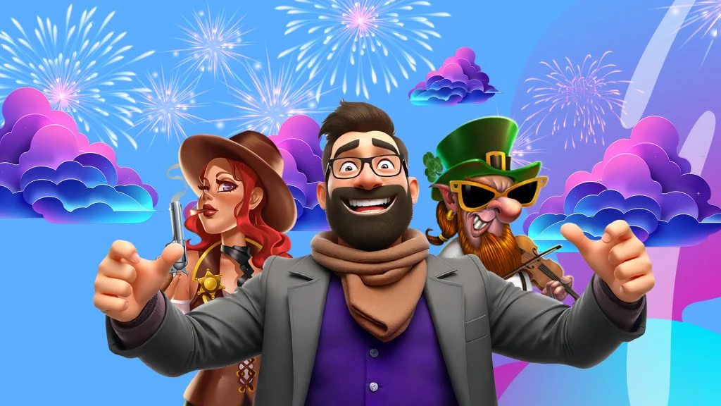 On a light blue background with purple clouds and fireworks, a cowgirl, a man with a beard, and a leprechaun stand in the center.