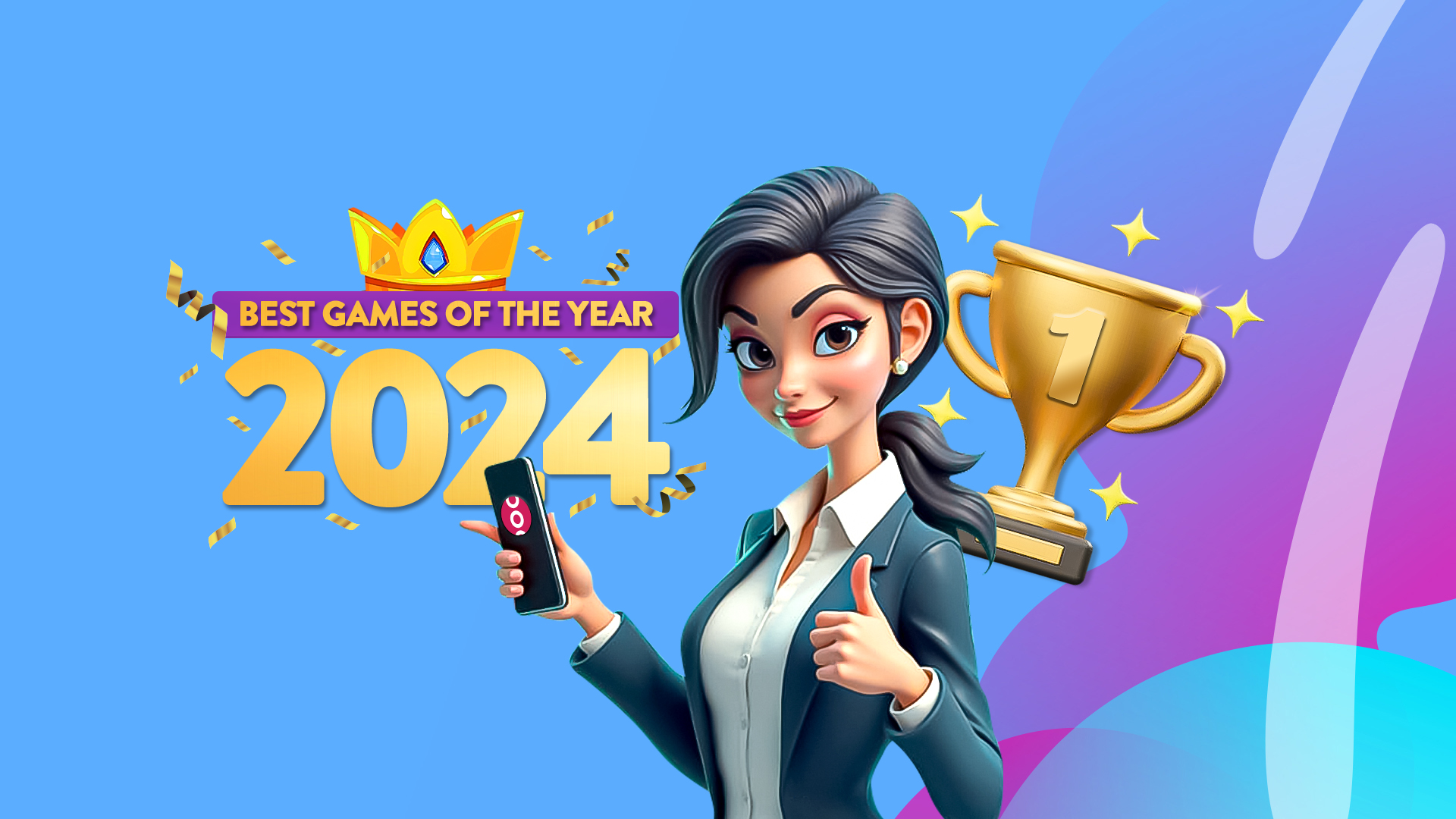 On a light blue and periwinkle background, a woman holds a phone in her right hand, and a gold trophy hovers on her left side.