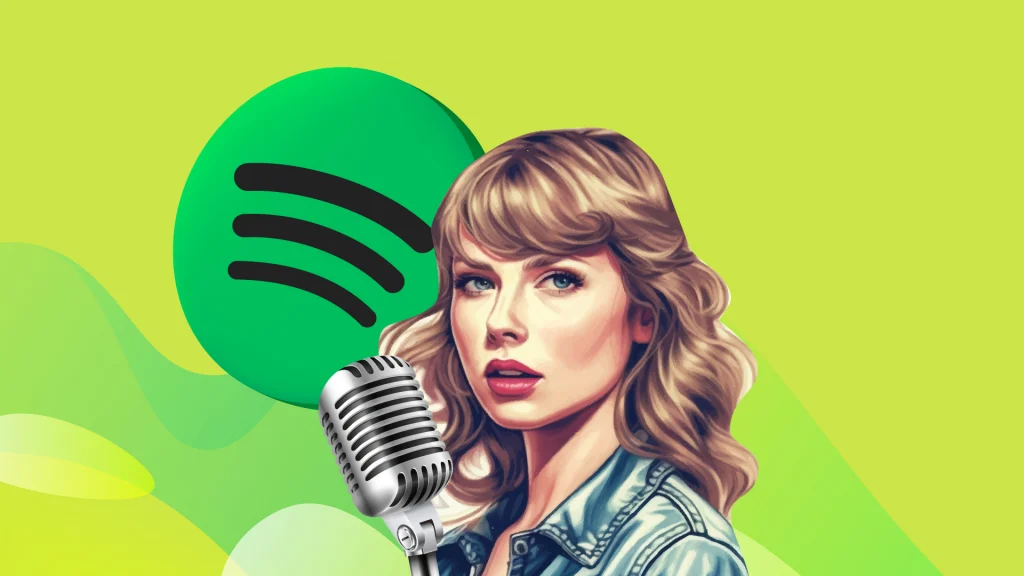 Taylor Swift holds a vintage microphone on a bright green background with the Spotify logo to her left.