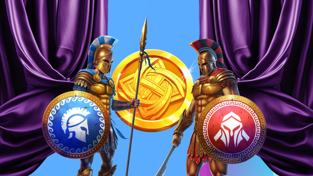 Two armor-clad warriors wielding blue and red shields stand in between two velvet purple curtains with a gold coin in the center on a blue background.