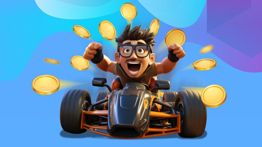 On a blue and purple background, a man with glasses is racing forward in a racecard, and gold coins are floating around him.