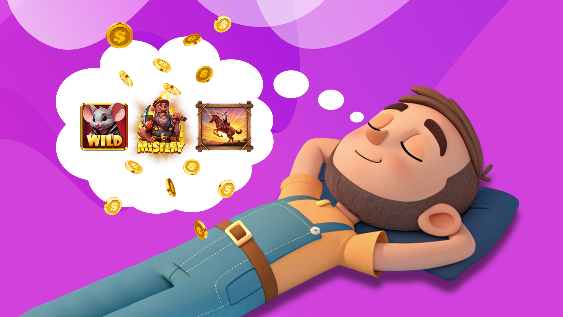 On a light purple background, a man with a beard lies on his back and dreams of slot symbols.