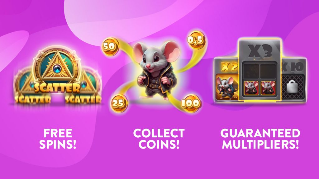 Three slot features, a free spins round, a collect coins feature, and guaranteed multipliers, are lined up on a light purple background.