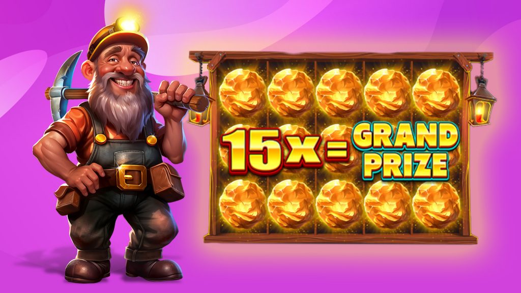 In a light purple image, a prospector wielding a pickaxe stands to the left of a 5x3 slot grid that says, “15x = grand prize” in the foreground.