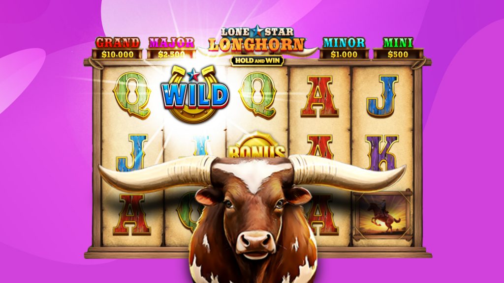 A bull is poised in front of a 5x3 slot game in action over a light purple background.