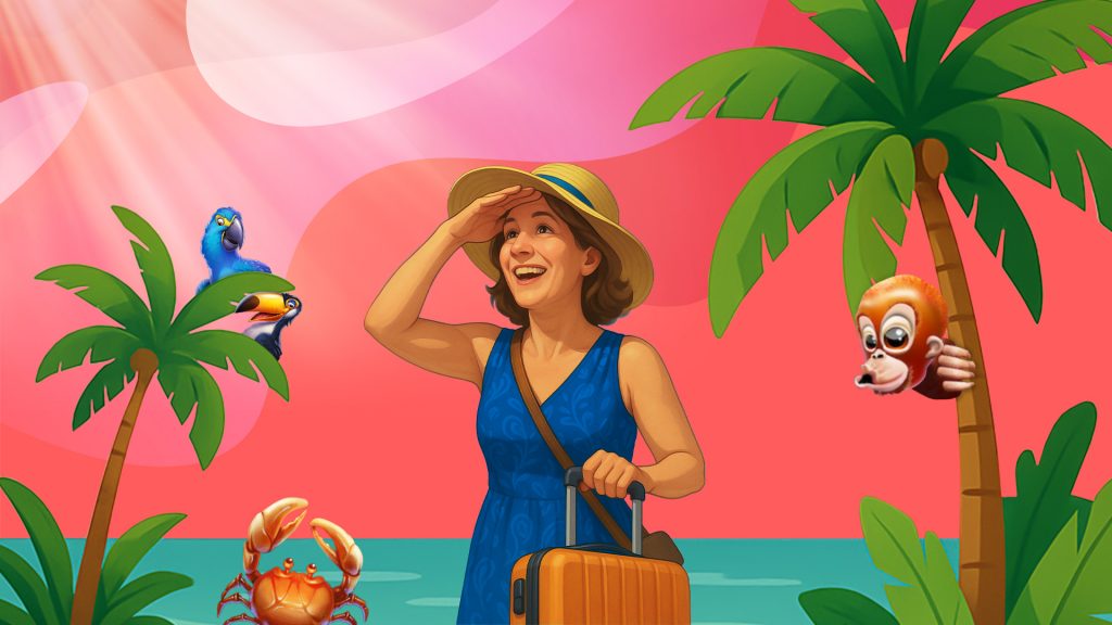 A woman stands with a suitcase in a jungle surrounded by palm trees with a pink background. She looks off to the sky with a parrot, crab, and monkey around her.