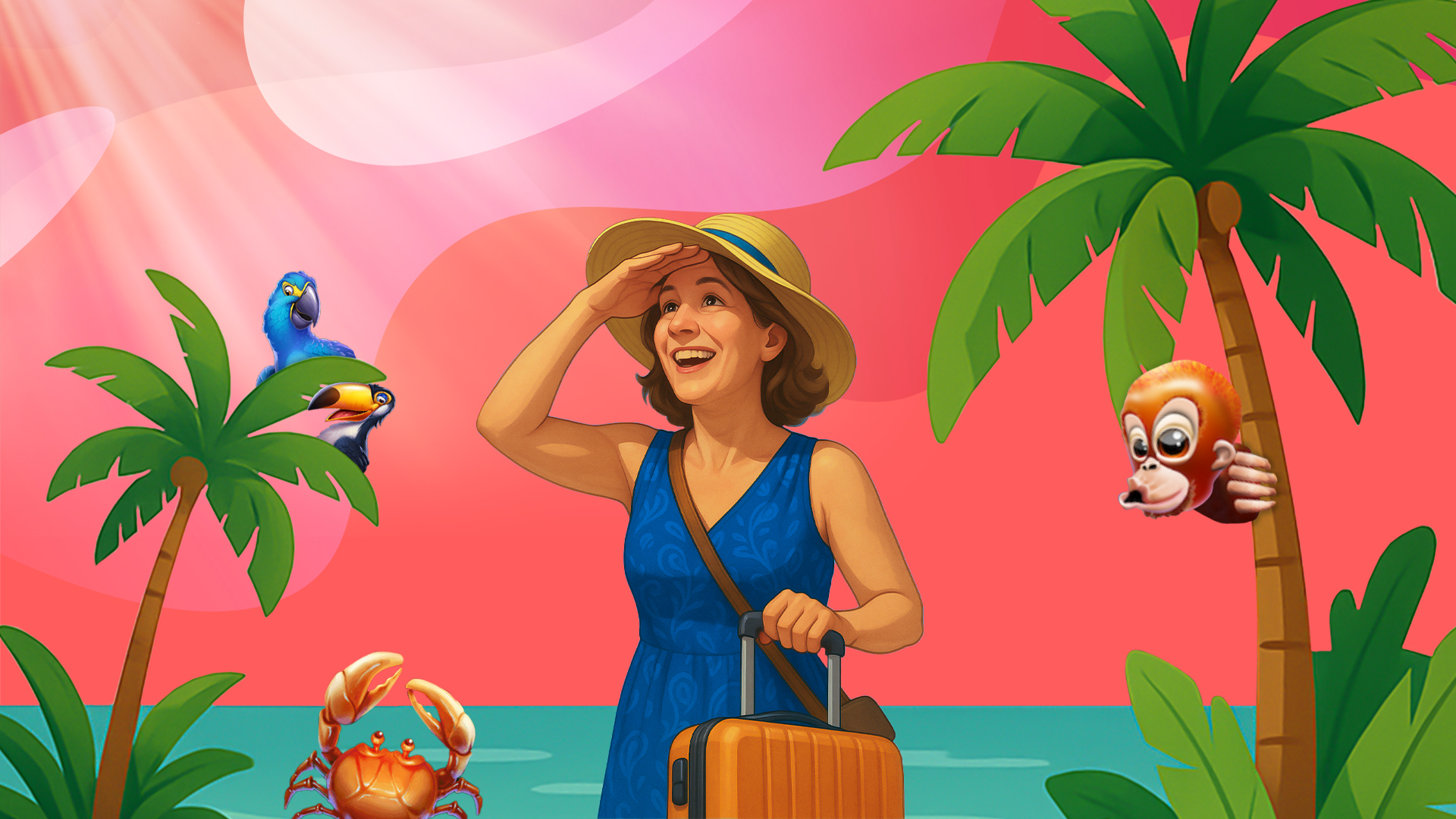 A woman stands with a suitcase in a jungle surrounded by palm trees with a pink background. She looks off to the sky with a parrot, crab, and monkey around her.