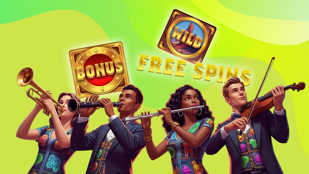 On a bright green background, four people play musician instruments below symbol showing a bonus symbol, free spins, and a wild symbol.