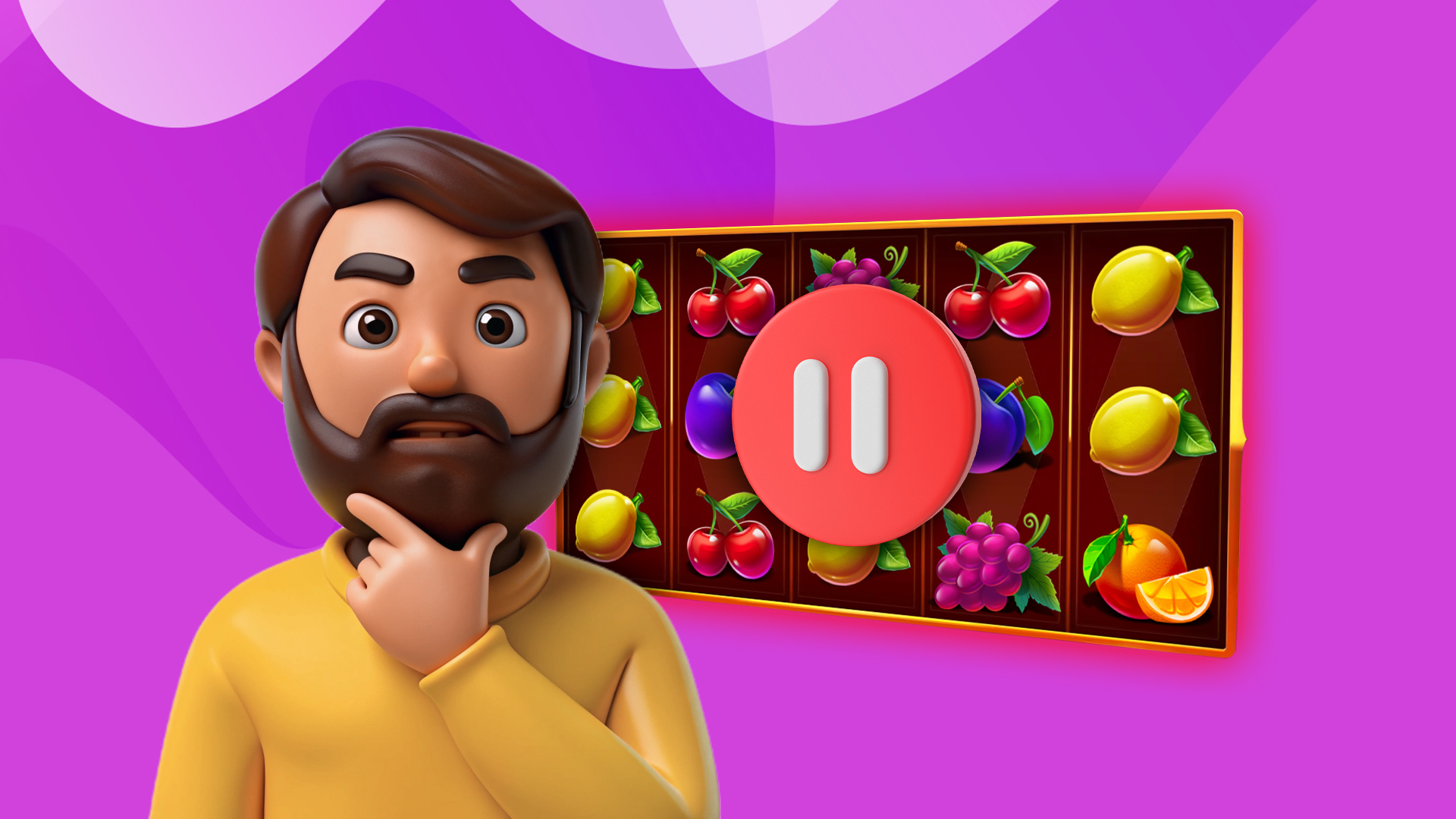 On a light purple background, a man with a brown beard in a yellow shirt cups his chin pensively while standing to the left of a fruit slot machine with a big red “pause” button in the center.