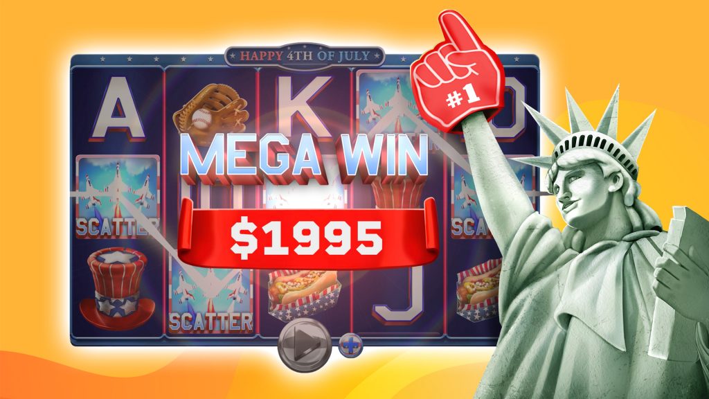 on a yellow background, a screenshot of the game Happy 4th of July with Lady Liberty at the right side.