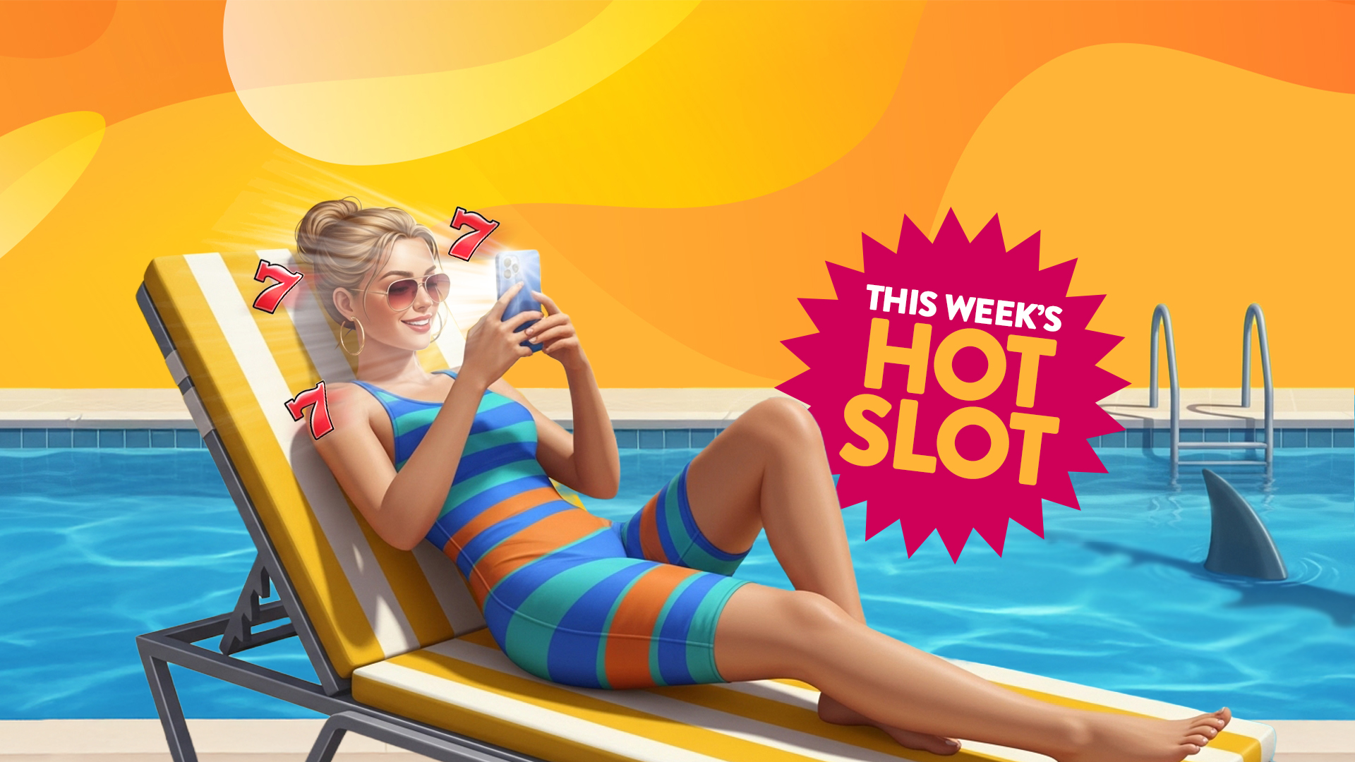 On a yellow background with the ocen, a woman is sunbathing with a phone in her hands and a box written Hot Slot