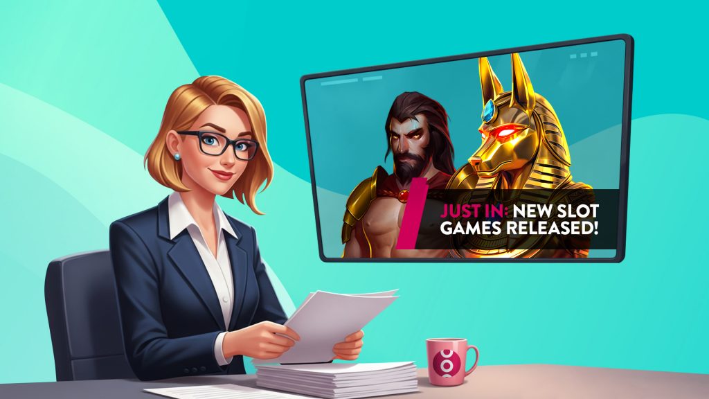 A blonde newscaster holds white papers in her hand while sitting at a desk, and behind her is a television with slot characters and text that says, “Just in: New Slot Games Released.”