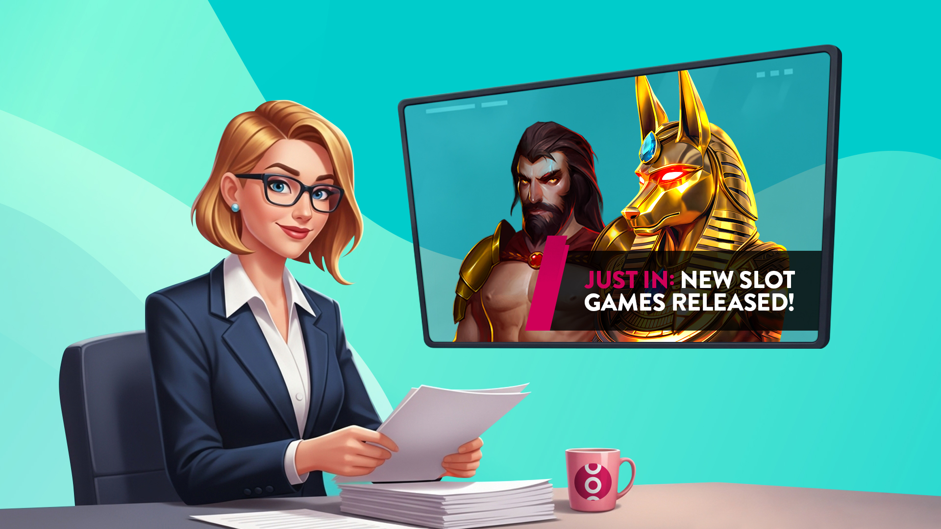 A blonde newscaster holds white papers in her hand while sitting at a desk, and behind her is a television with slot characters and text that says, “Just in: New Slot Games Released.”