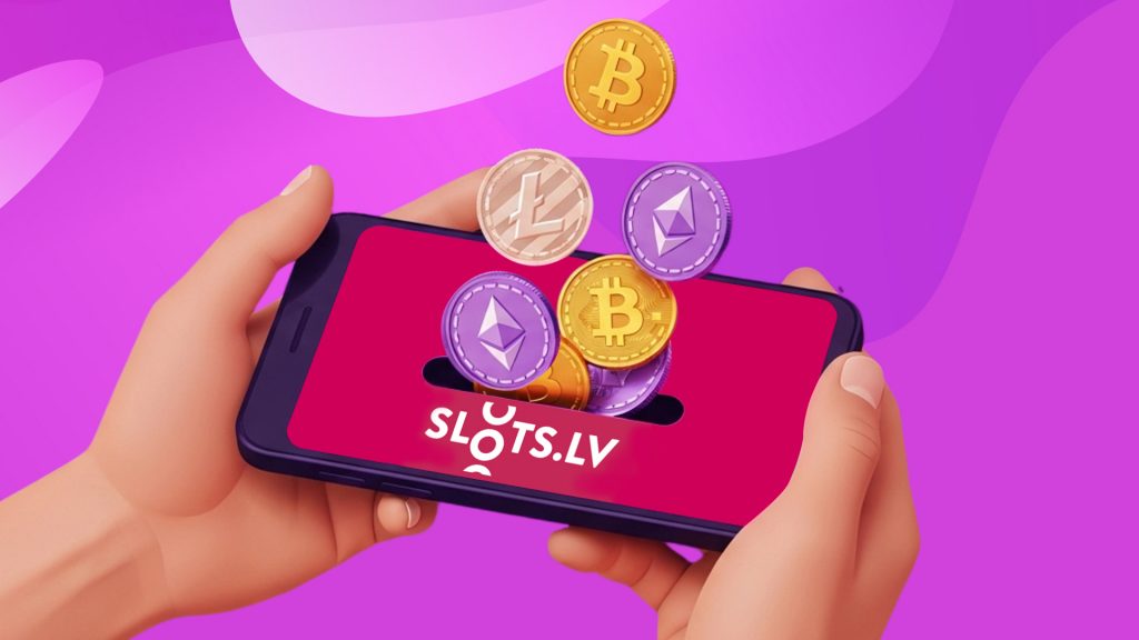 Two hands hold a smartphone on the SlotsLV Casino website, and five cryptocurrencies emerge from the screen on a purple background.