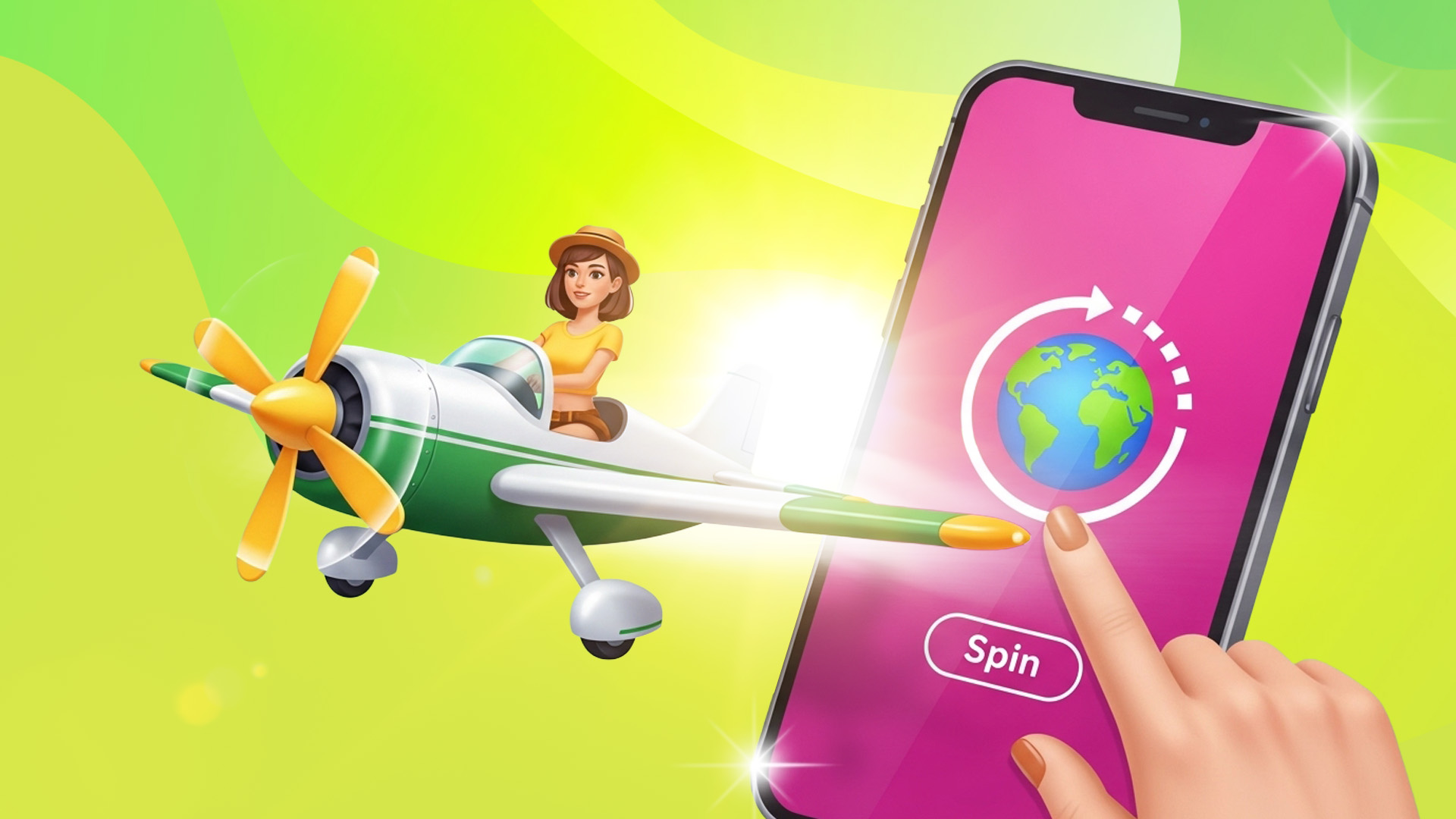 On a green background, a finger points to a phone with a pink screen, and to its left, a woman in a yellow shirt flies in a green and white plane.