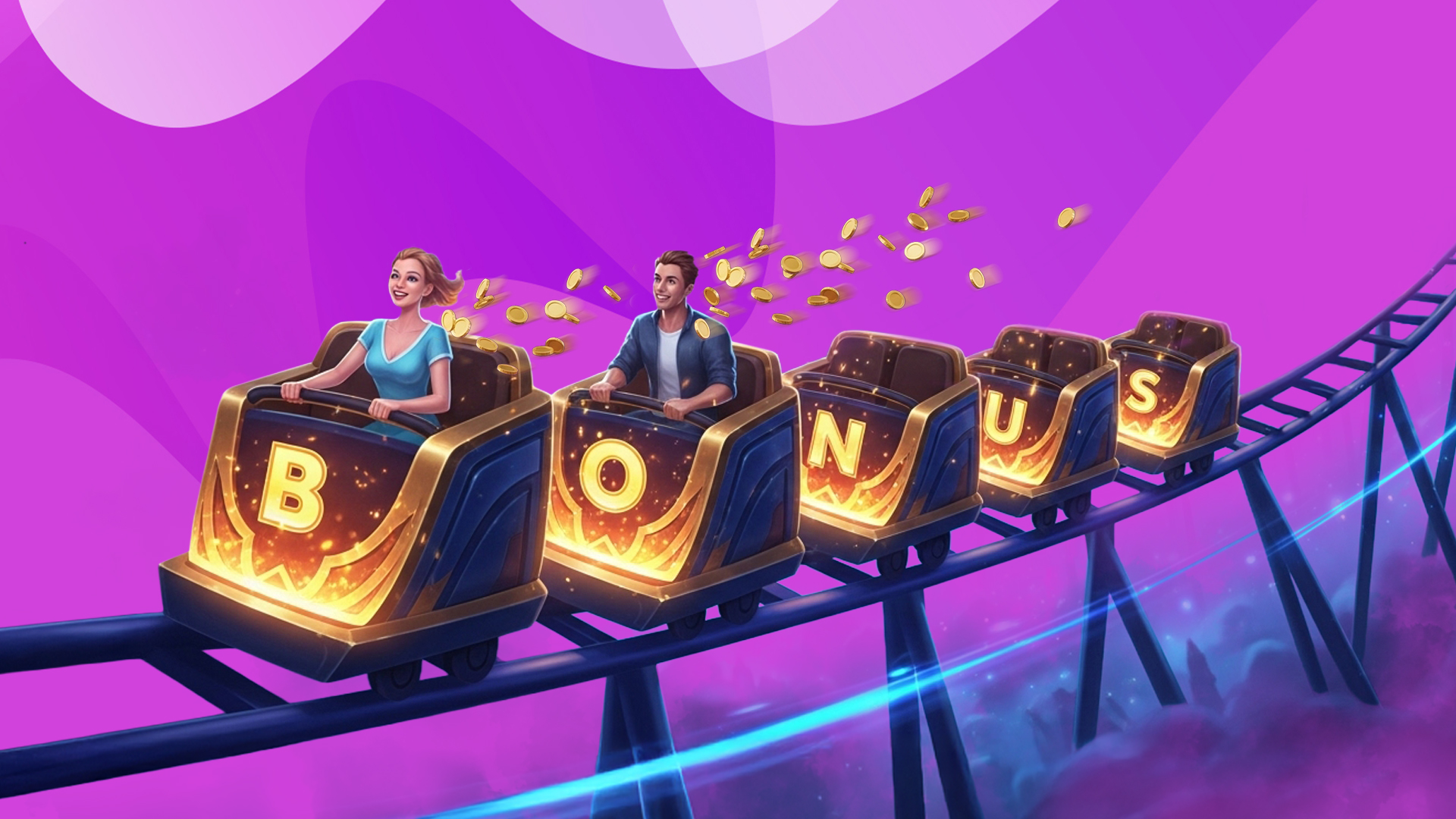 On a purple background, a rollercoaster carries two people, and its carts spell out “BONUS.”