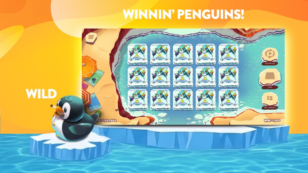On a yellow and blue background a penguin is seen along with a screenshot of the game Chillin' Penguins.