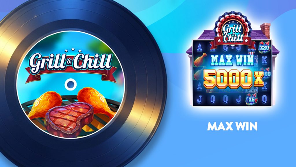 In a blue image, a black vinyl record says, “Grill and Chill,” with meat on the grill. To its right, the corresponding slot game shows a max win of 5,000x.