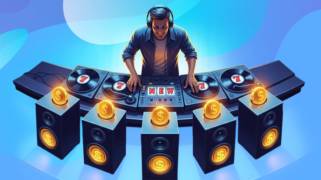 On a blue background, a DJ spins traditional turntables showing slot symbol “7s”. In front of him are five subwoofers with gold coins.