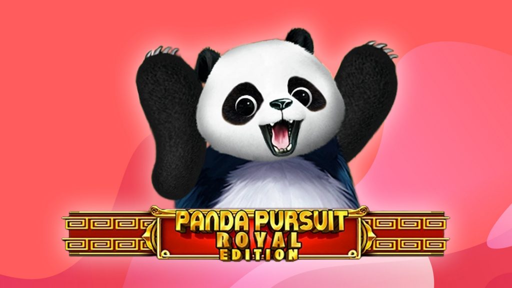 A black and white panda has its hands in the air, cheering, on a red and pink background. Below it, a gold and red sign says, “Panda Pursuit: Royal Edition.”