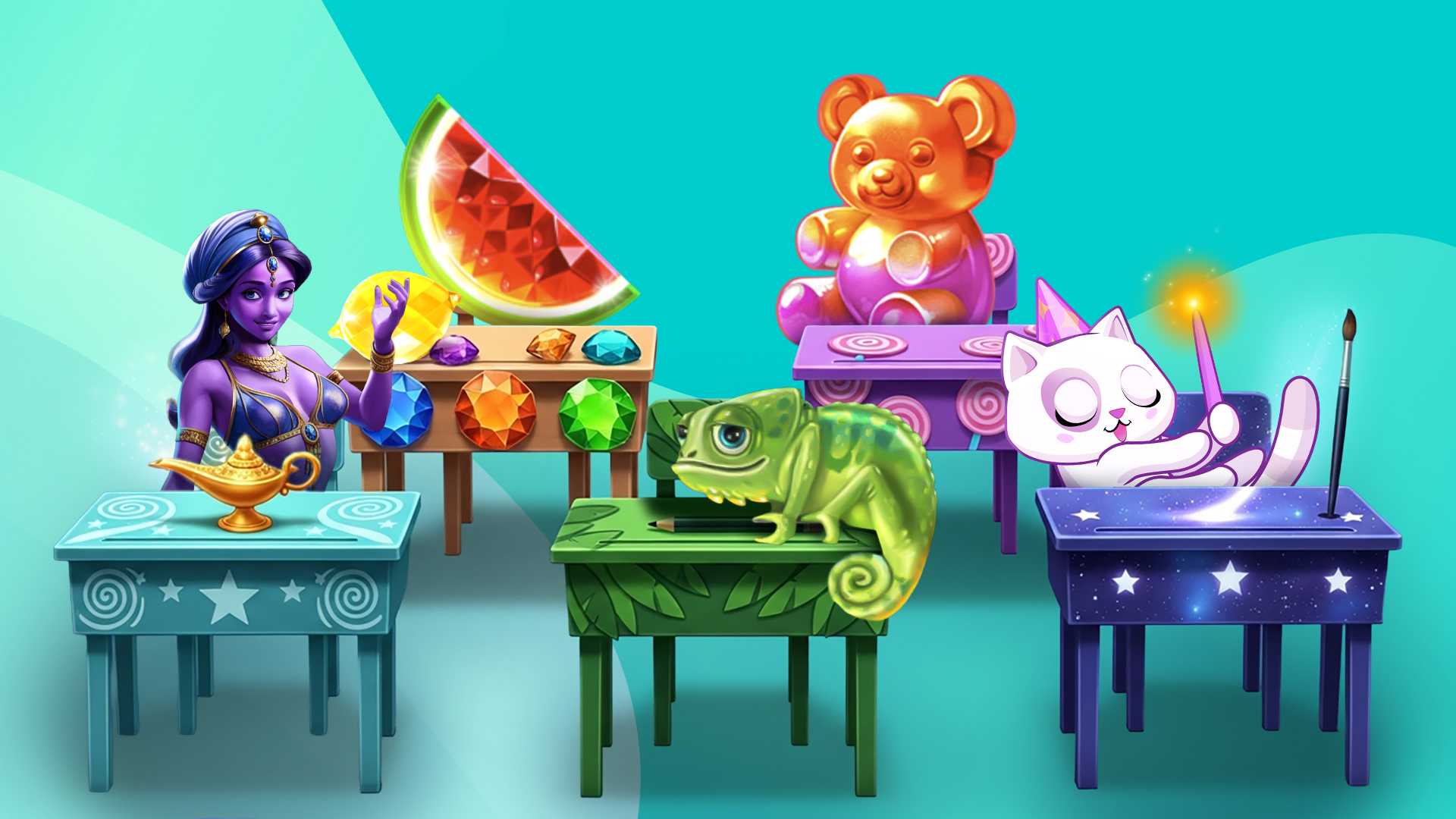 Five desks show a genie, watermelon, gummy bear, lizard, and cat sitting on them on a teal background and preparing for class.